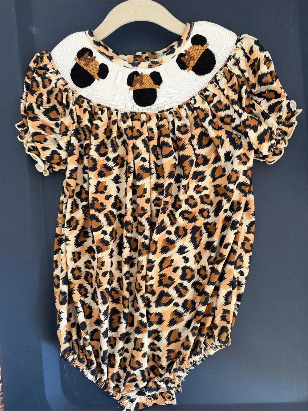 Minnie ears - Leopard Smocked Baby One-Piece Romper - Brown